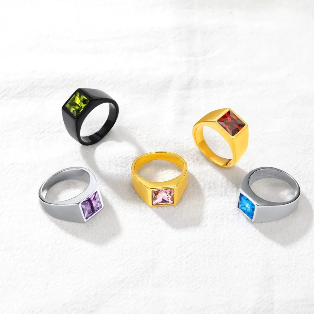 U7 Men Personalized Signet Rings Stainless Steel Ring with Rectangle Gemstone Birthstones Size 7-14 Gift for Him Dad Father 240530