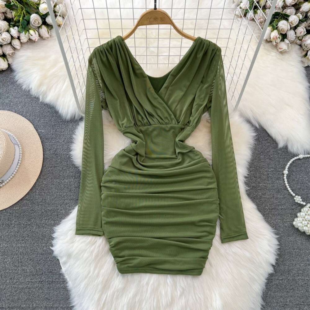 Spring and Autumn Fashion Sexy V-Neck Waist Shrinking Slim Short Fold Mesh Wrapped Bottom Dress for Women