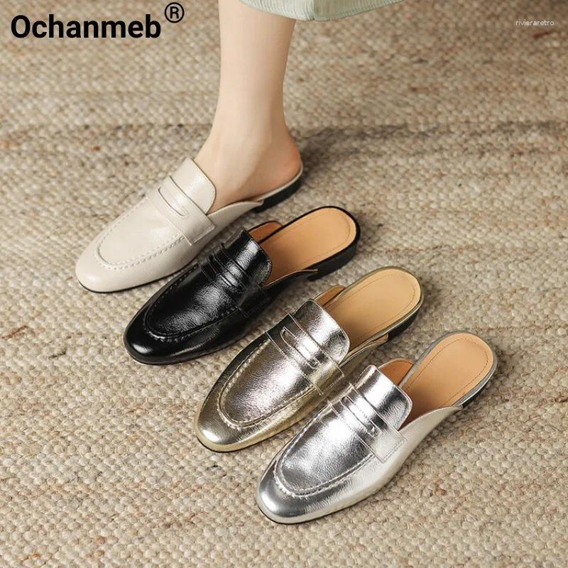 Slippers Ochanmeb Women Real Leather Mule Shoes Sier Gold Slip-on Penny Loafers Woman Genuine Flat Mules Spring Summer