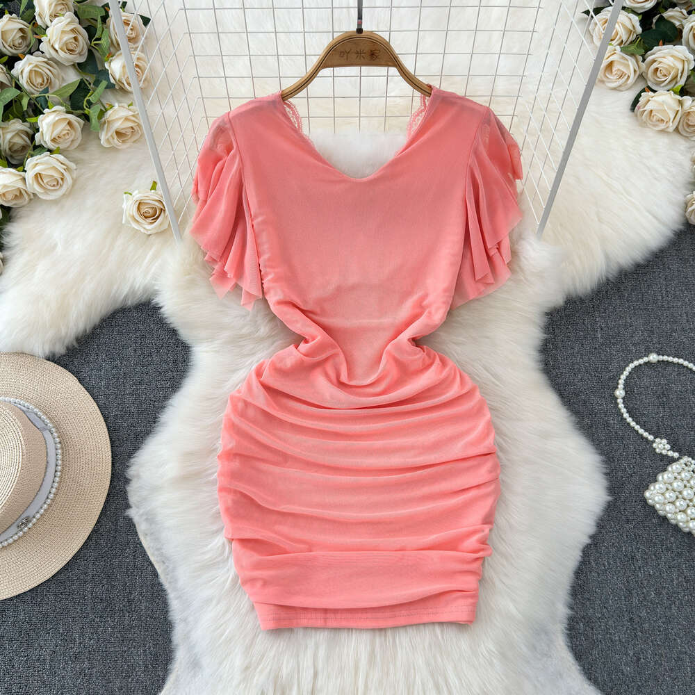 Lace hook flower low cut pure desire style dress with unique and elegant design tight fitting and slimming effect nightclub bar wrap hip skirt