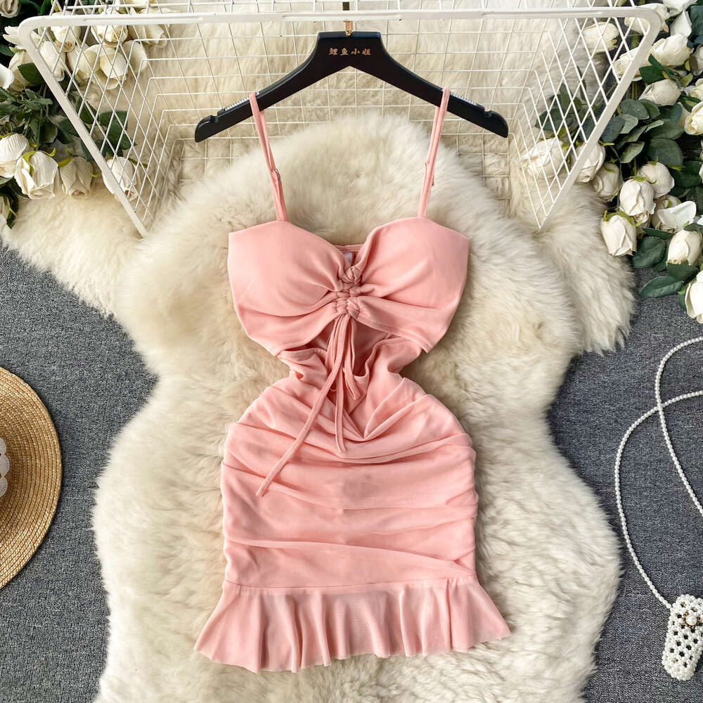 Sexy Hollow out Drawstring Lace Up Bra Strap Wrap Hip Dress Womens Pure Desire Spicy Girl Slim Fit Style French Short Dress