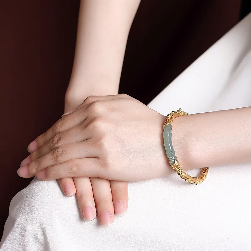 Fashion Goldplated Hetian Jade Compound Bracelet Beaded Beads Bamboo Bangle Bracelet for Women Girls Jewelry Gifts 240601