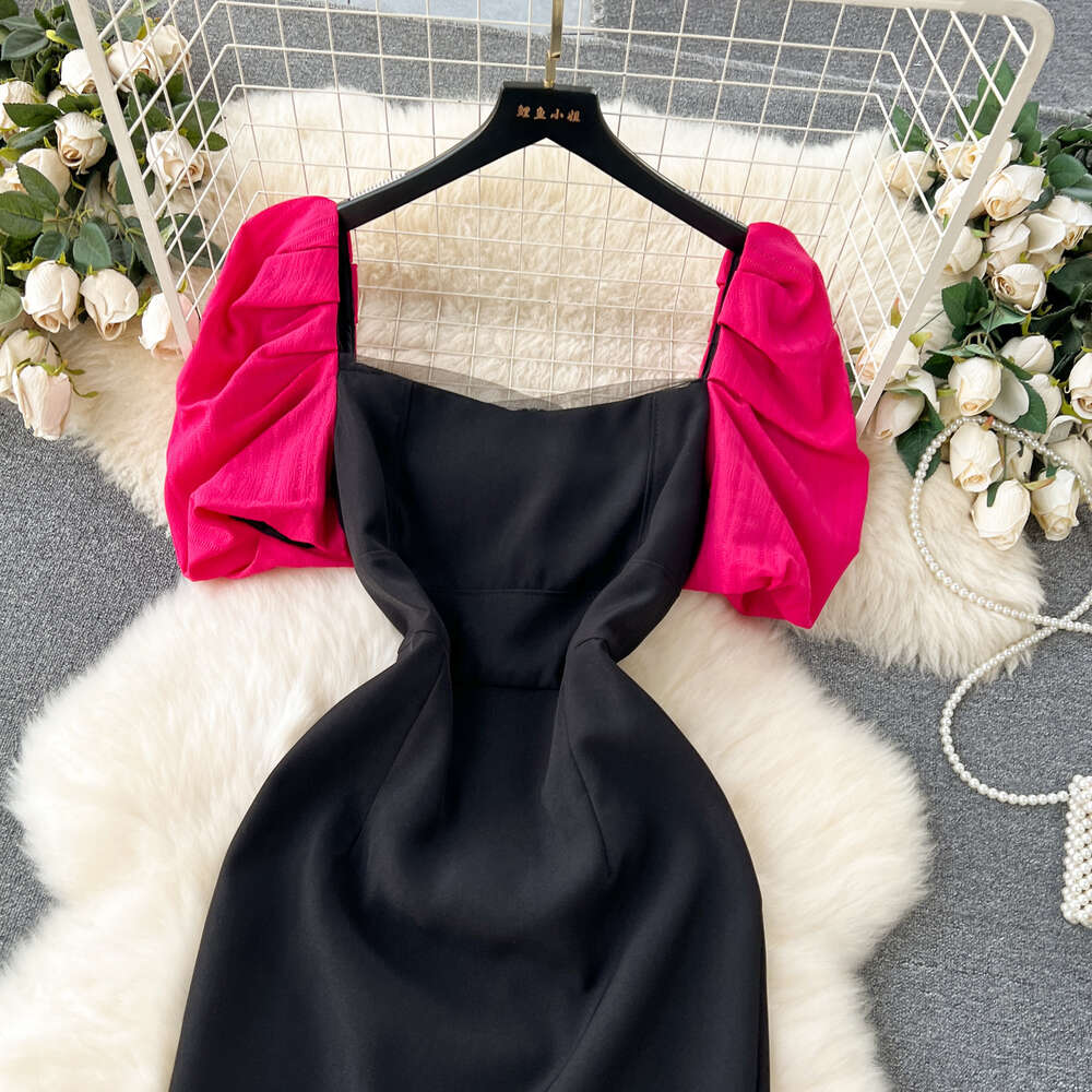 Light luxury and socialite style high-end dress for women with bubble sleeves square neck patchwork waist cinching design and a sense of niche slit lo
