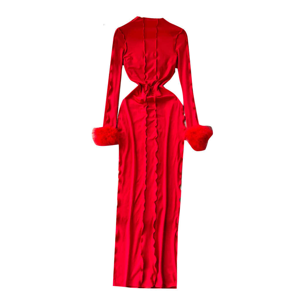 Spring and Autumn New Design Pleated Wool Stitch Long Sleeve Dress Womens Red Waistband Hip Over Knee Long Dress
