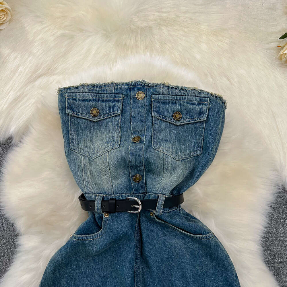 Summer American design feeling strapless waist slimming effect medium length version A-line tassel with raw edges denim dress for women