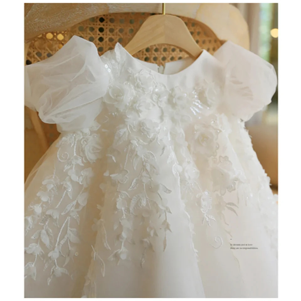 Baptism High Waisted Princess Dress White Baby Birthday Wedding Dress Flower Girl Dress Fluffy Customized Communion Gown 240603
