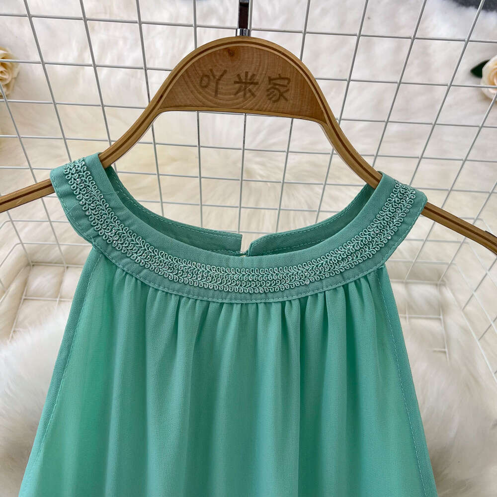 Fashionable high-end feeling light luxury socialite temperament hanging neck off shoulder loose A-line chiffon dress seaside vacation long dress