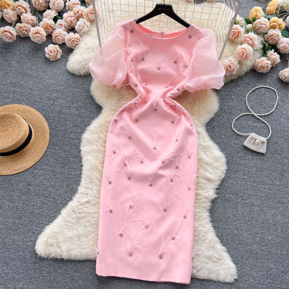 French haute couture heavy work nail diamond feather tassel round neck dress for women to show slimming temperament bubble sleeve dress long skirt