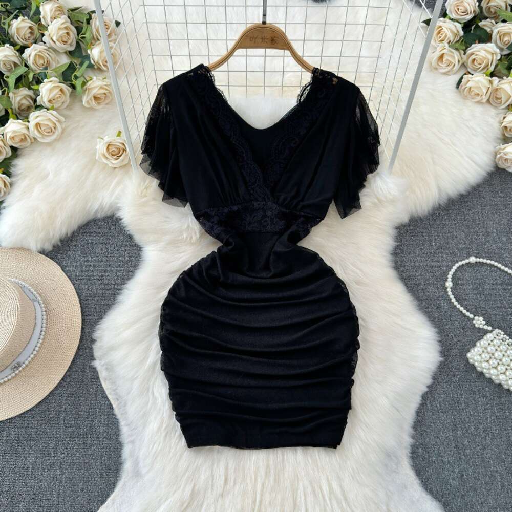 Lace hook flower low cut pure desire style dress with unique and elegant design tight fitting and slimming effect nightclub bar wrap hip skirt