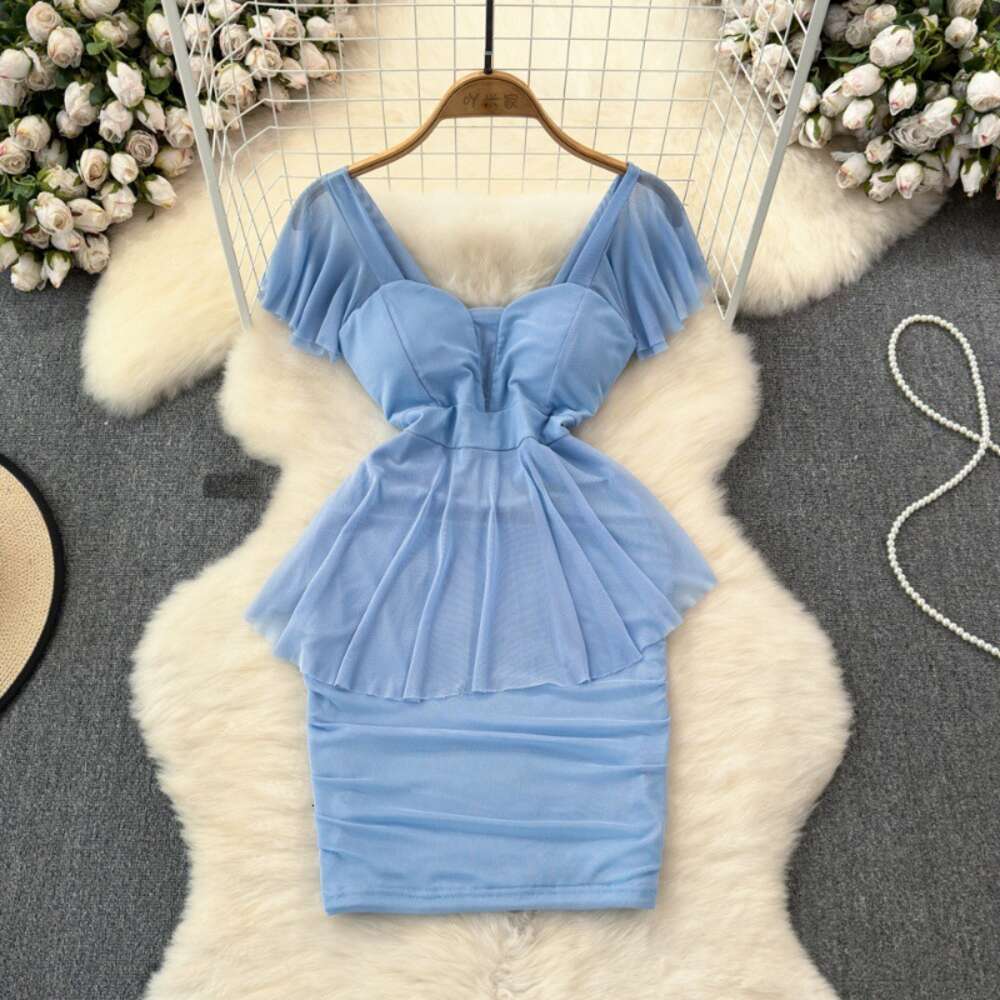 Summer Fashion Celebrity Style Lotus Leaf Sleeves Square Neck Waist Slim Wrap Hip Ruffle Edge Mesh Bottom Dress for Women