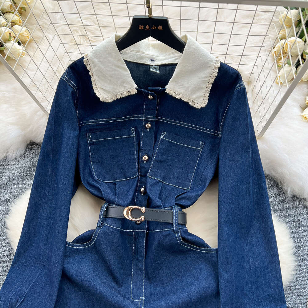 Korean version of womens dark blue denim dress with contrasting color collar slim fit short buttocks wrapped skirt