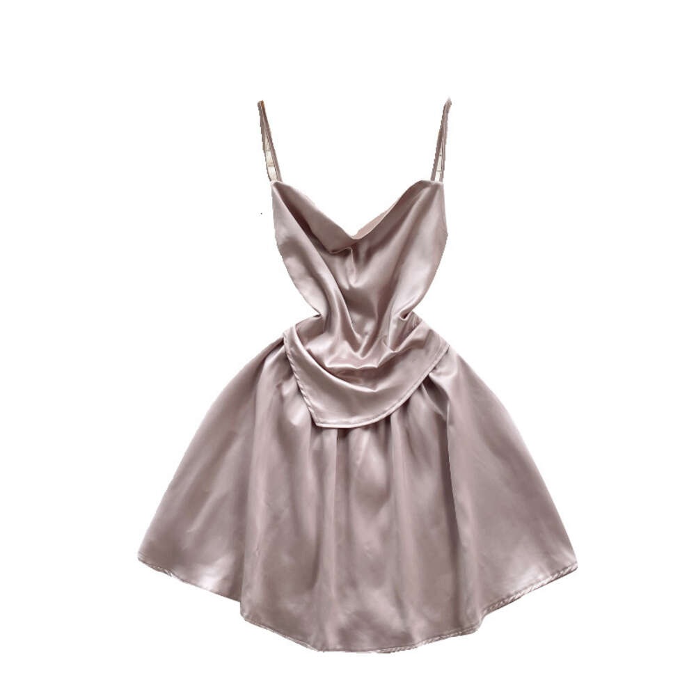 Light luxury and high-end satin dress for women with a fake design. Two slim fitting short A-line skirt and sexy suspender dress