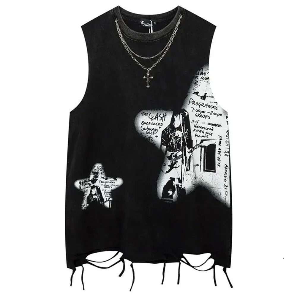 Mens Y2k Washed Tassel Sleeveless T-shirt Summer Rock Print Punk Gothic Vest Streetwear Retro Harajuku Vest Unisex 240601