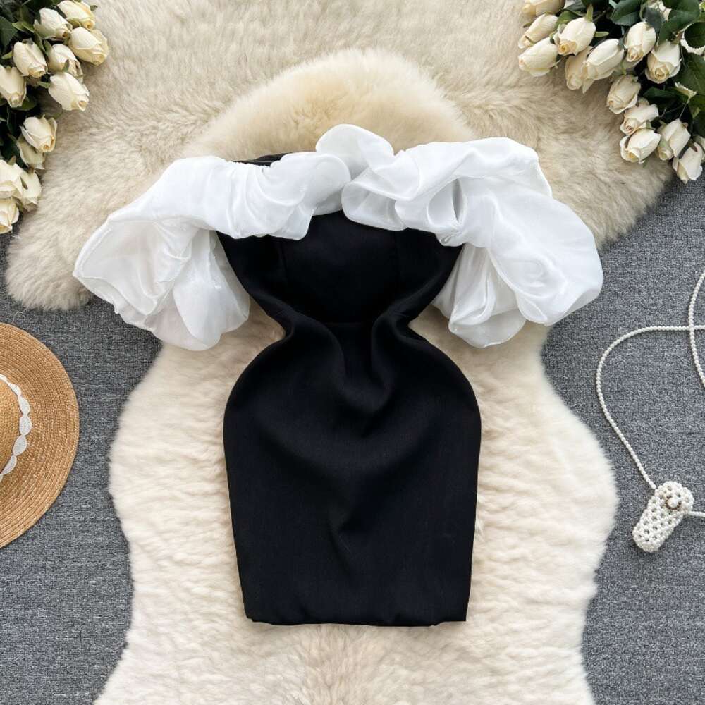 High end socialite mini dress French sexy one line neck off shoulder pleated bubble sleeves slim fit short dress