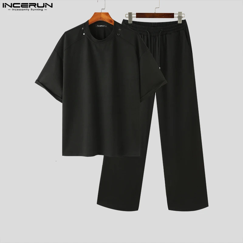 INCERUN Korean Style Mens Sets Small Neckline Loose Short Sleeved Tops Straight Pants Casual Solid Suit 2 Pieces S-5XL 240530