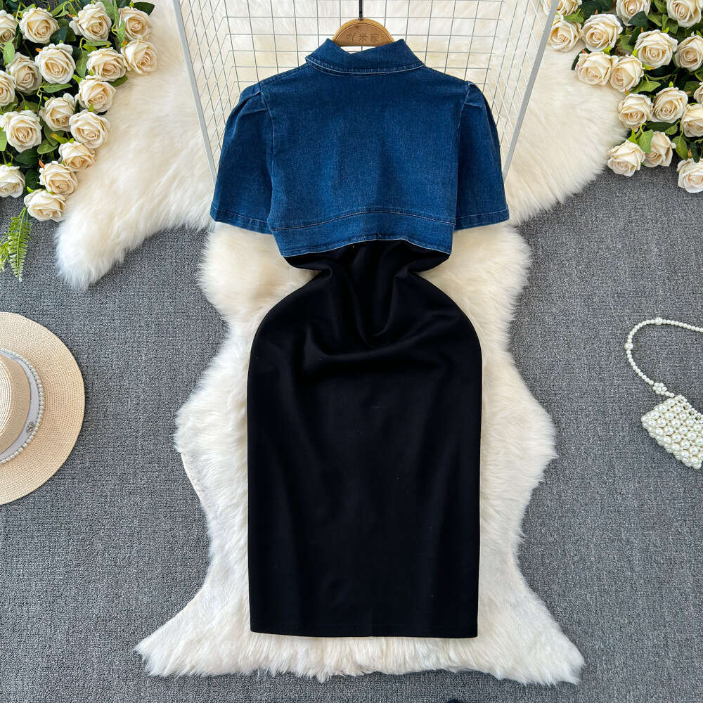 2024 Spring/Summer New Fashion Single breasted Sleeveless Waist Slimming Shirt Dress with Denim Splicing Style