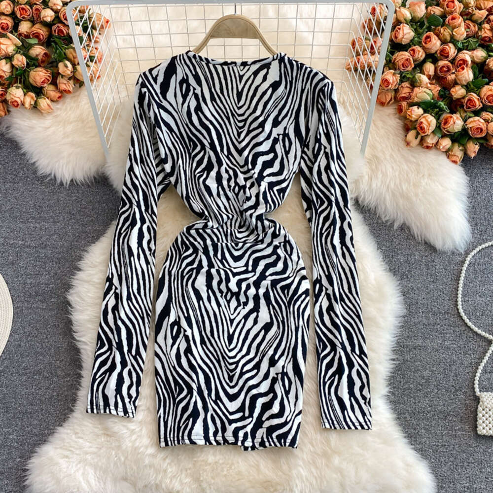 2021 autumn new style deep V-neck zebra long sleeve slim wrap hip dress womens tight bottomed skirt