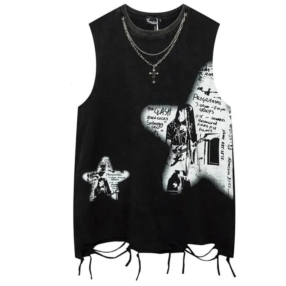 Mens Y2k Washed Tassel Sleeveless T-shirt Summer Rock Print Punk Gothic Vest Streetwear Retro Harajuku Vest Unisex 240601
