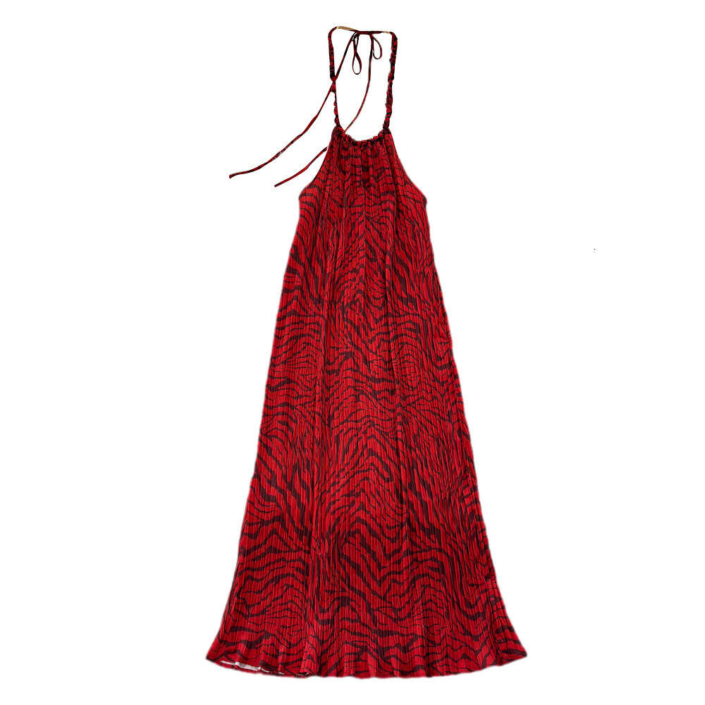 Fashionable seaside vacation neck hanging backless loose fitting mid length A-line printed dress for travel wear camisole long dress