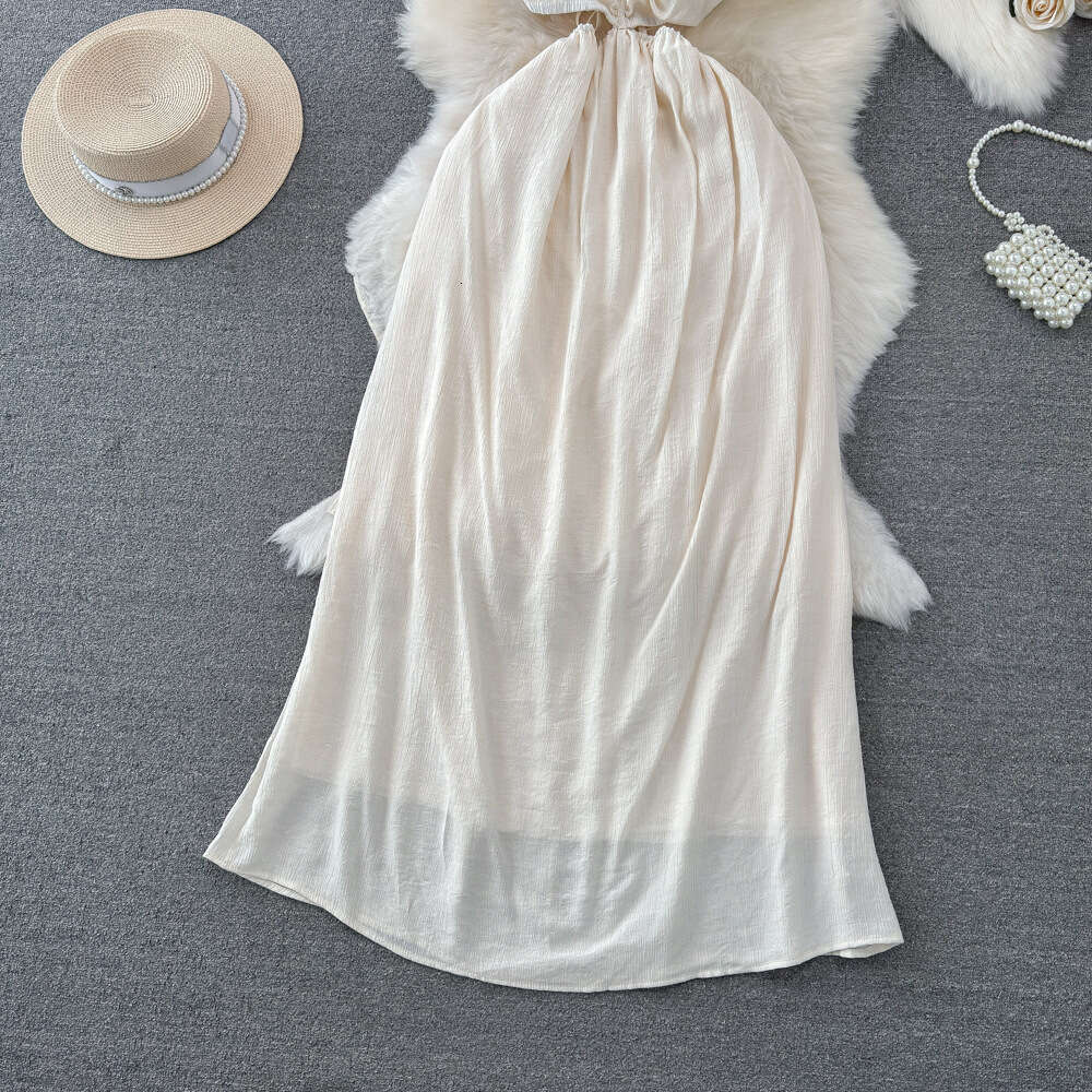 Gentle and socialite temperament V-neck hanging neck off shoulder waist slimming A-line solid color dress seaside vacation long dress