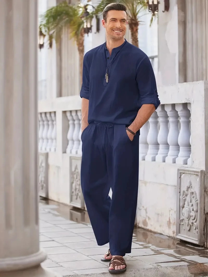 Cotton linen blend retro elegant mens two-piece casual V-neck Henry long sleeved shirt drawstring pants autumn set 240601