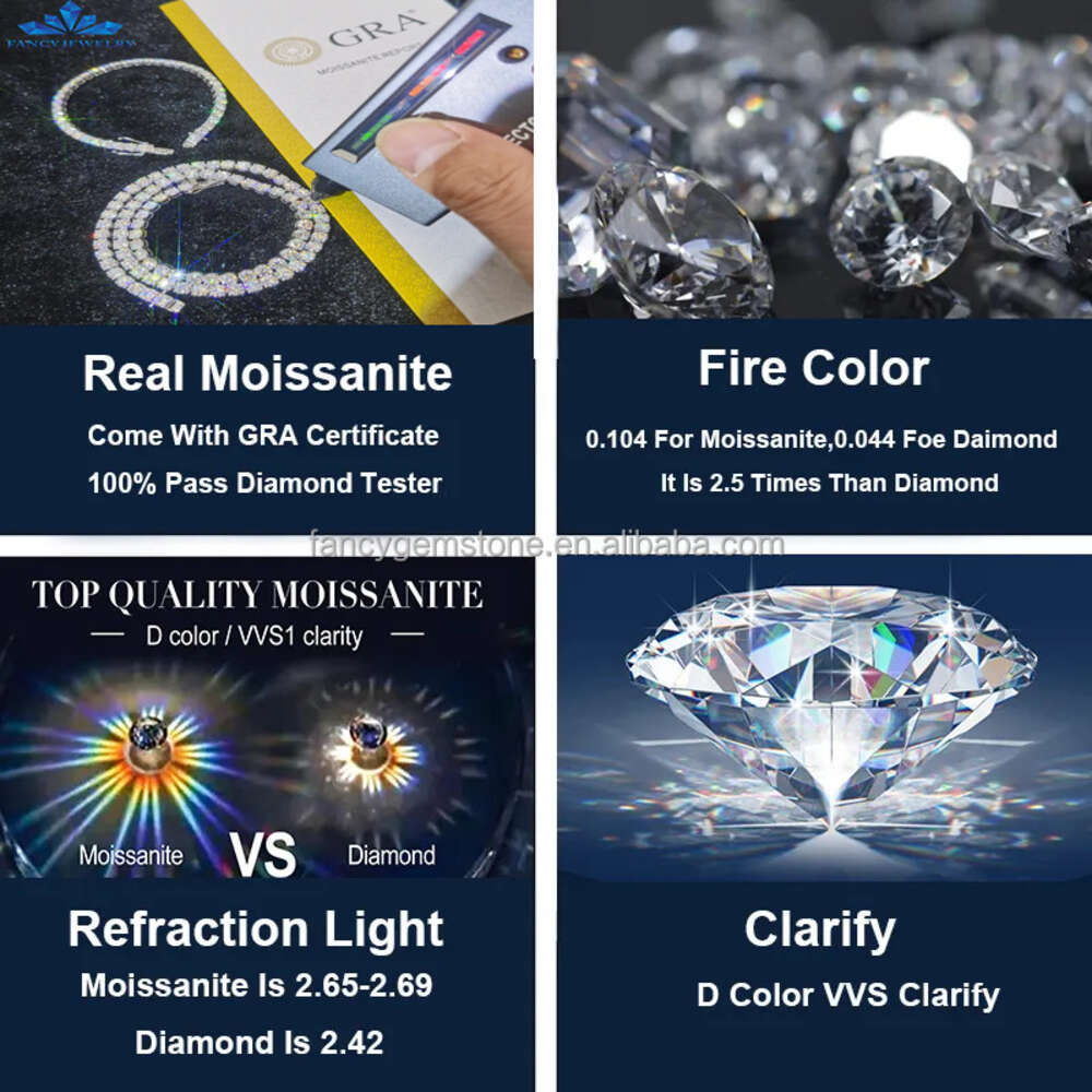 Tennis Chain moissanite chain Pass diamond Tester Hip Hop 925 Sterling Silver 2mm 3mm 4mm 5mm 6.5mm VVS Diamond Necklace