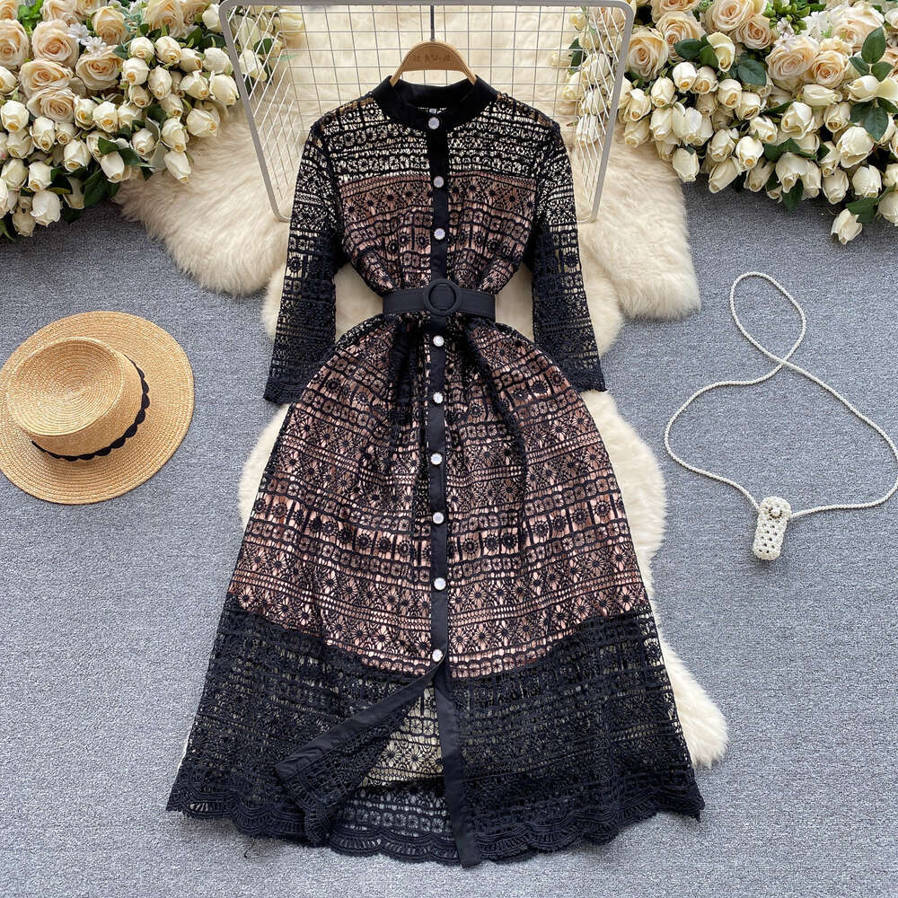Light mature style womens clothing high-end feeling early spring dress womens design feeling hollowed out lace medium length French formal dress skirt