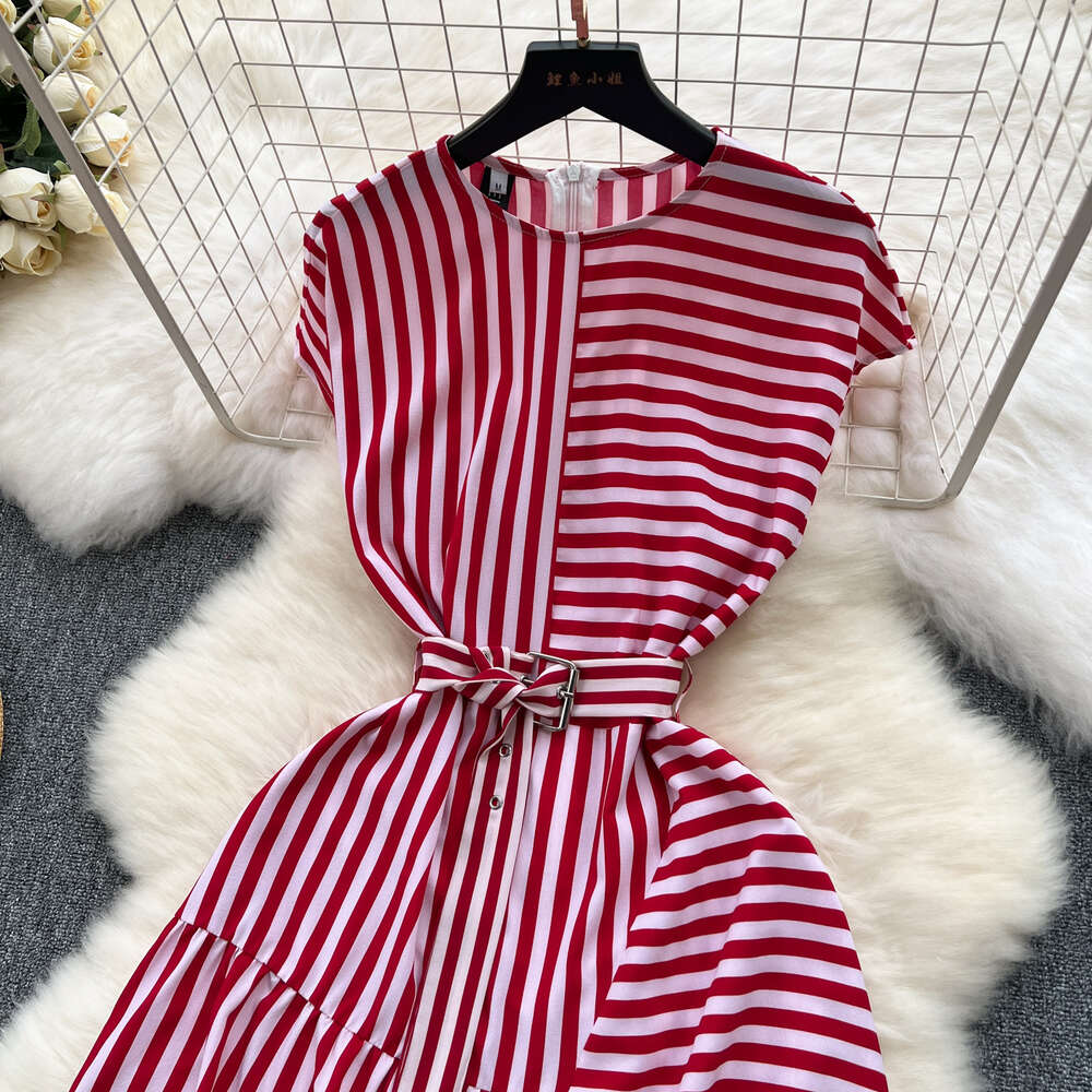 Fashionable striped patchwork dress with round neck sleeveless tie up waist slim and irregular hem elegant skirt
