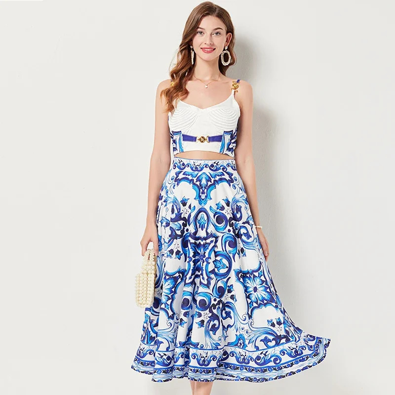 Blue and white porcelain heavy-duty industrial metal buckle 3D bra shoulder strap ski strap top swing skirt two-piece womens set 240524