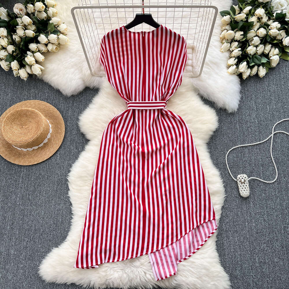 Fashionable striped patchwork dress with round neck sleeveless tie up waist slim and irregular hem elegant skirt