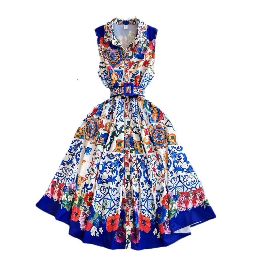 High end light luxury socialite temperament sleeveless V-neck waistband slimming effect mid length version A-line positioning printed dress dress