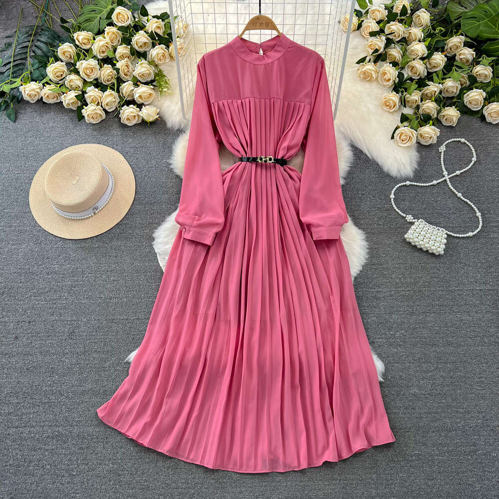 Spring and Autumn Seasons Light Mature Style Celebrity Elegant Long sleeved Standing Neck Waist Wrapped Slim A-line Hundred Pleated Dress Elegant Long