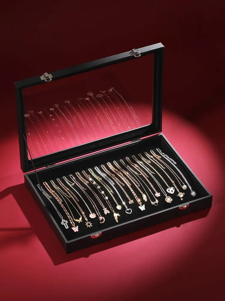 Ice Velvet 20 Hooks Jewelry Showcase for Necklaces Jewelry Box Stackable Glass Top Lockable 240528