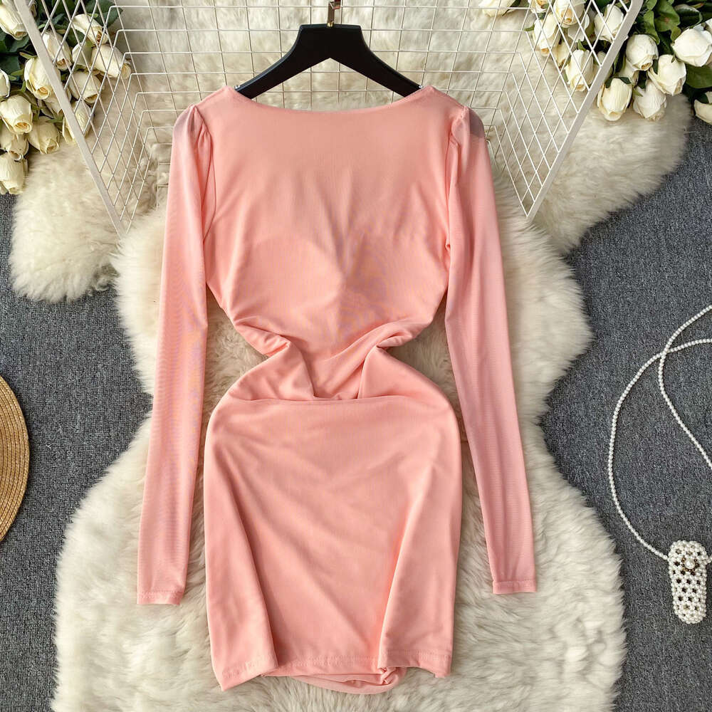 Pure desire spicy girl style high-end feeling dress for women in autumn and winter V-neck waist cinching mesh design niche and stunning hip wrap skirt