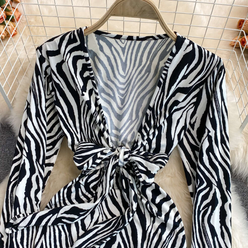 2021 autumn new style deep V-neck zebra long sleeve slim wrap hip dress womens tight bottomed skirt