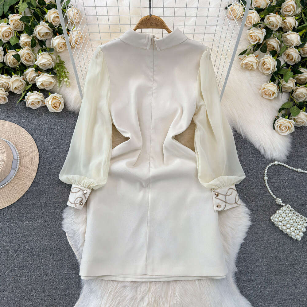 Fashionable and high-end socialite temperament mesh splicing long sleeved lapel waist cinching slimming A-line embroidered dress