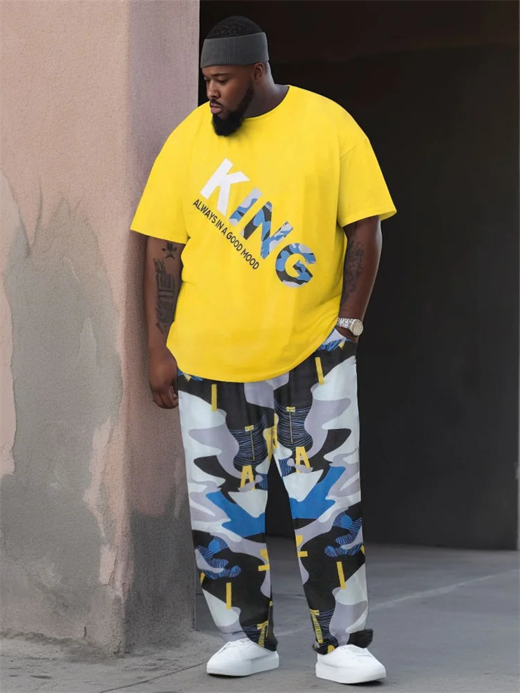 ZOOY L-9XL Mens Suit Cartoon Color Blocking Splash Ink Tie Dye KING Gradient Cute Short Sleeve T-Shirt and Pants Suit 240601