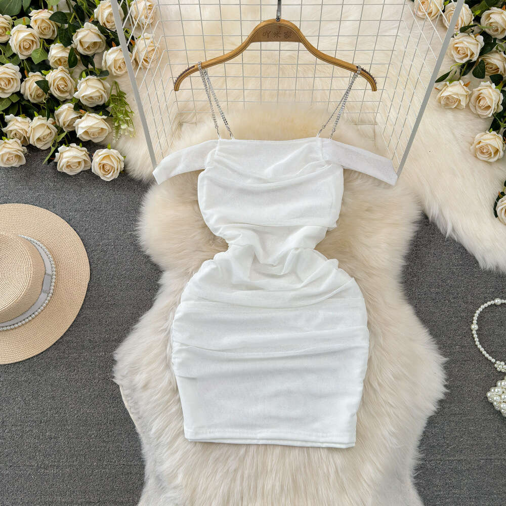 Summer Fashion New Sexy Nightclub Off the Shoulder Off the Shoulder Waist Slimming Short Mesh Wrap Hip Hanging Strap Dress