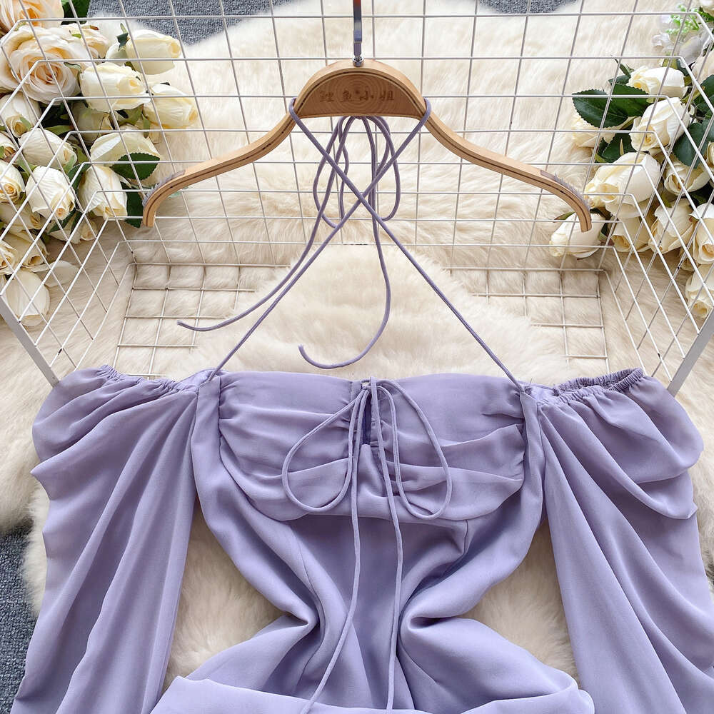 Pure desire spicy girl style hanging neck suspender dress womens straight shoulder pleated strap and mesh design light luxury wrapped hip skirt