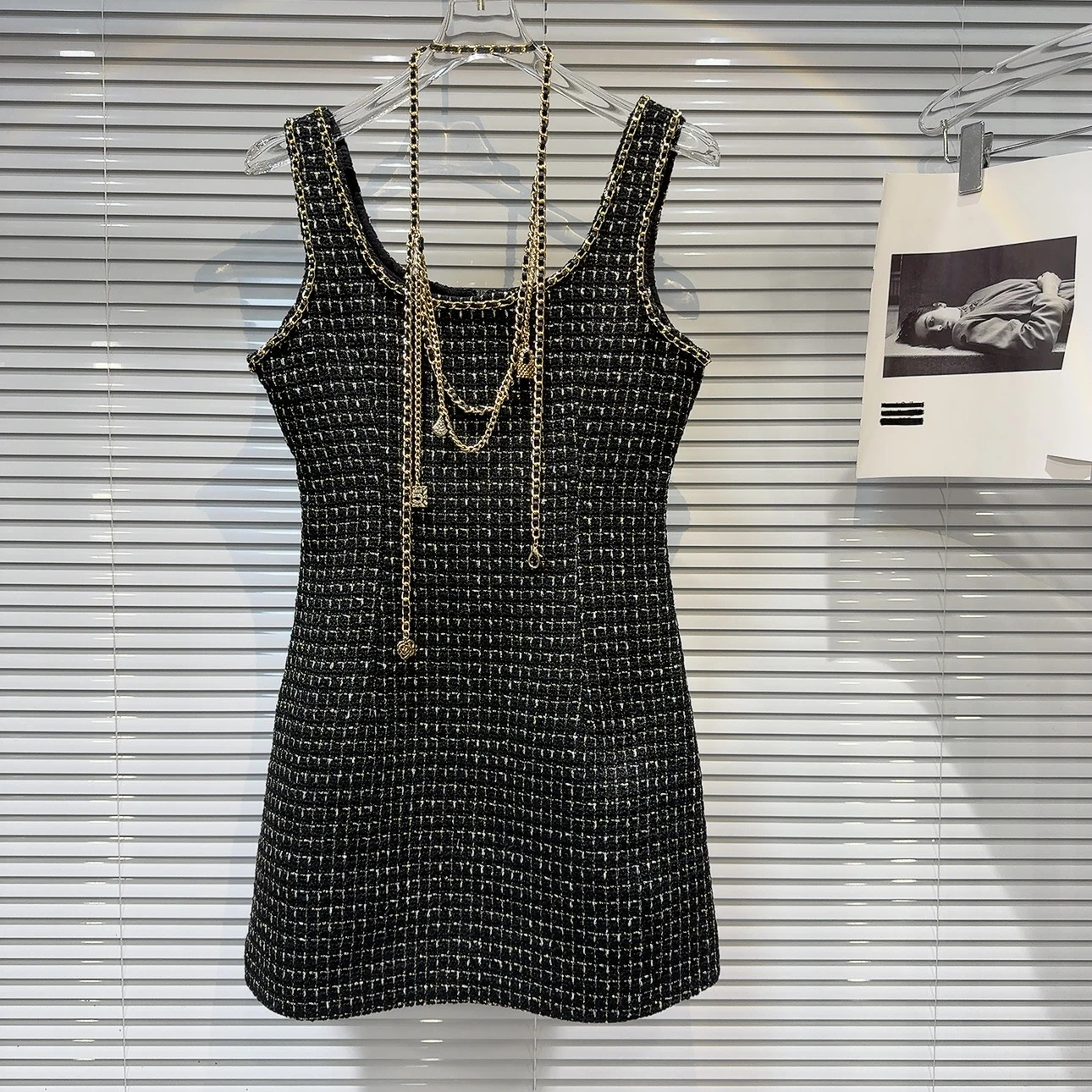 PREPOMP Summer Arrival Sleeveless Round Neck Metal Chain Necklace Tweed Slim Waist Short Dress Women GP656 240529