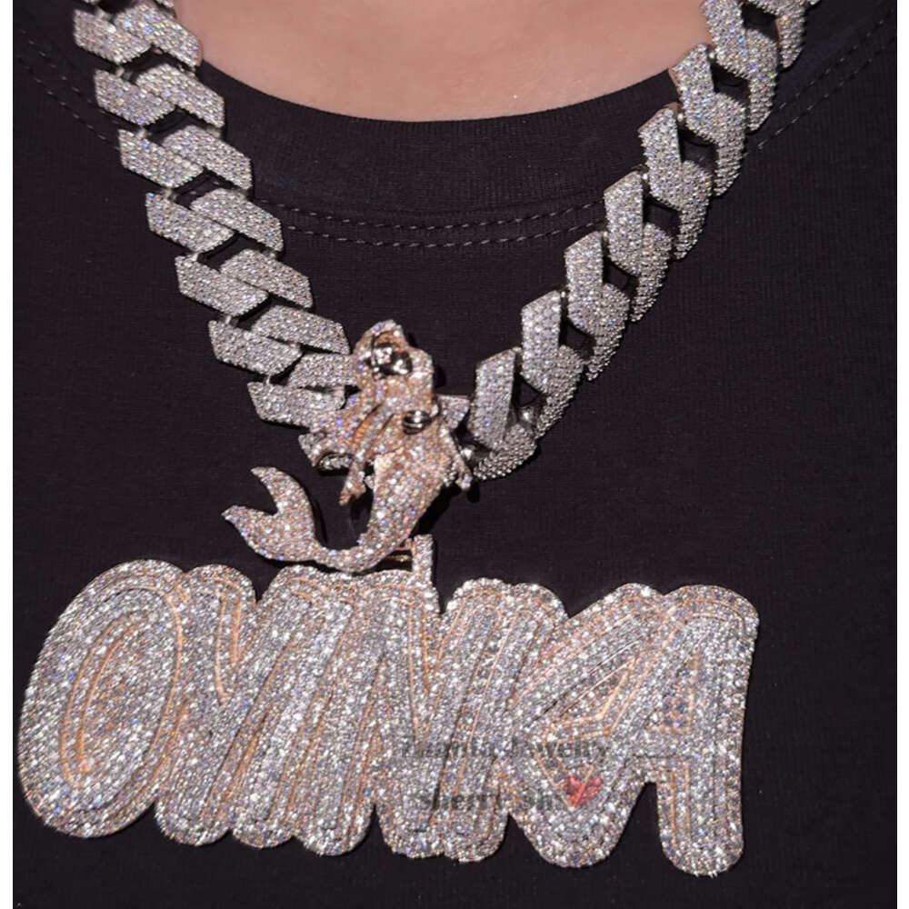 Rose Gold Plated VVS Moissanite Diamond Custom Iced Out Hip Hop Cuban Chain Name Letter Pendant Necklace with Mermaid Bail