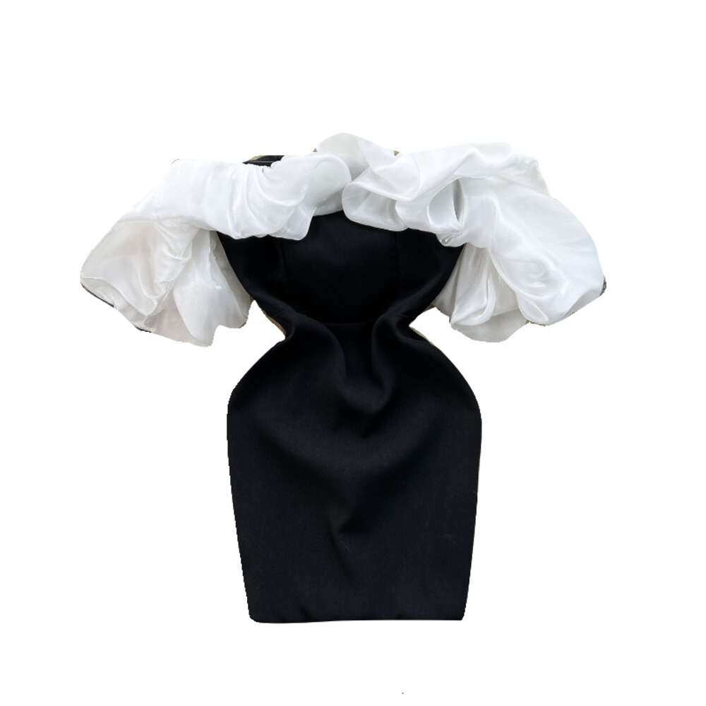 High end socialite mini dress French sexy one line neck off shoulder pleated bubble sleeves slim fit short dress