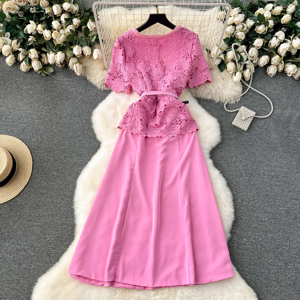 French court style dress for women with a fake design. Two pieces of lace short sleeved high-end patchwork mid length dress for women