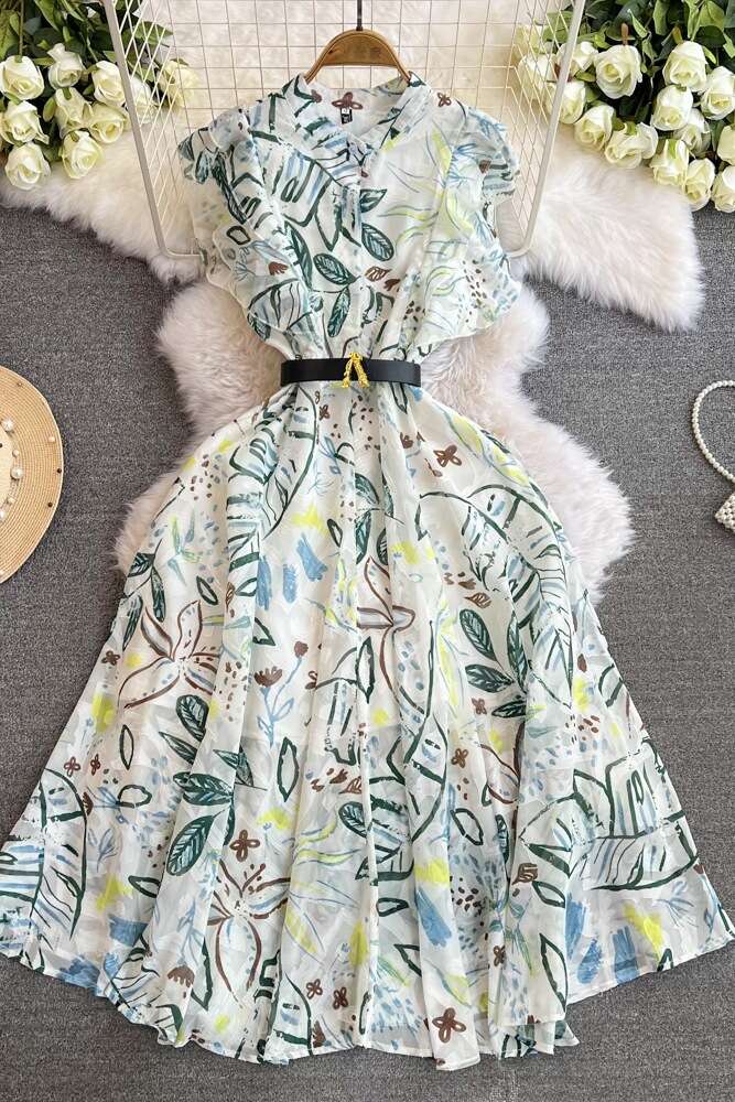 Fashionable socialite temperament formal occasion short sleeved stand up collar with ruffled edges and waist cinching A-line green printed dress
