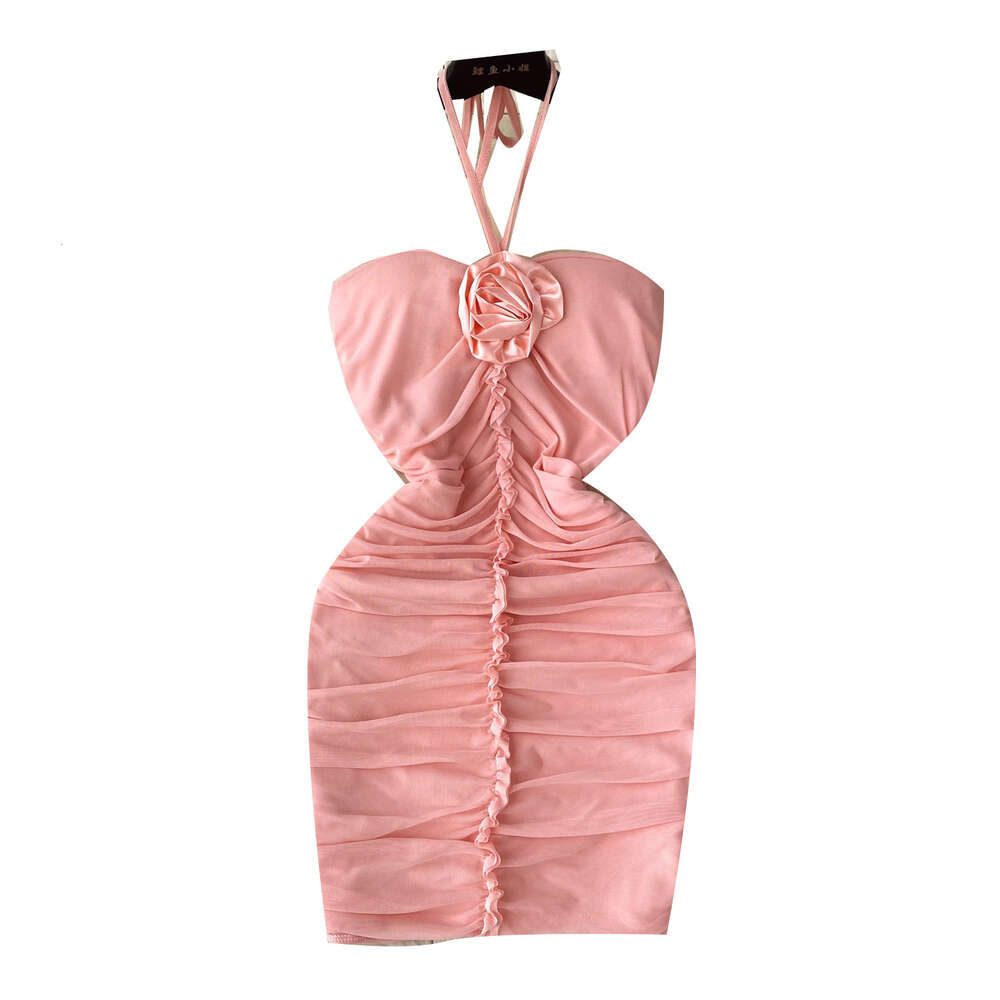 Temperament Goddess Style Sexy Pure Desire 3D Flower Bra with Neck Fold Slim Fit Wrap Hip Mesh Spicy Girl Dress