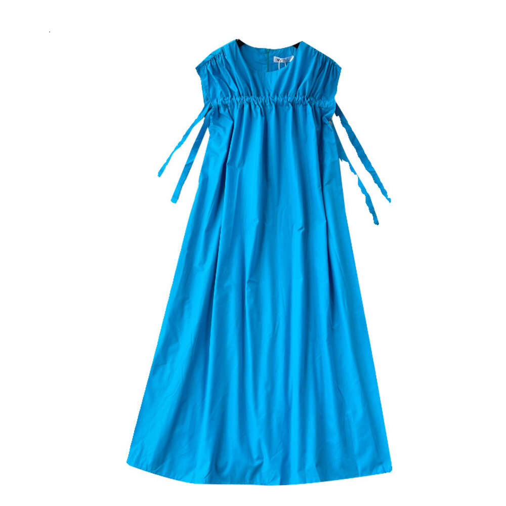 French dress for women with a high-end feel revealing a white blue loose fit and slimming effect. Mid length lazy style vacation dress tank top skirt