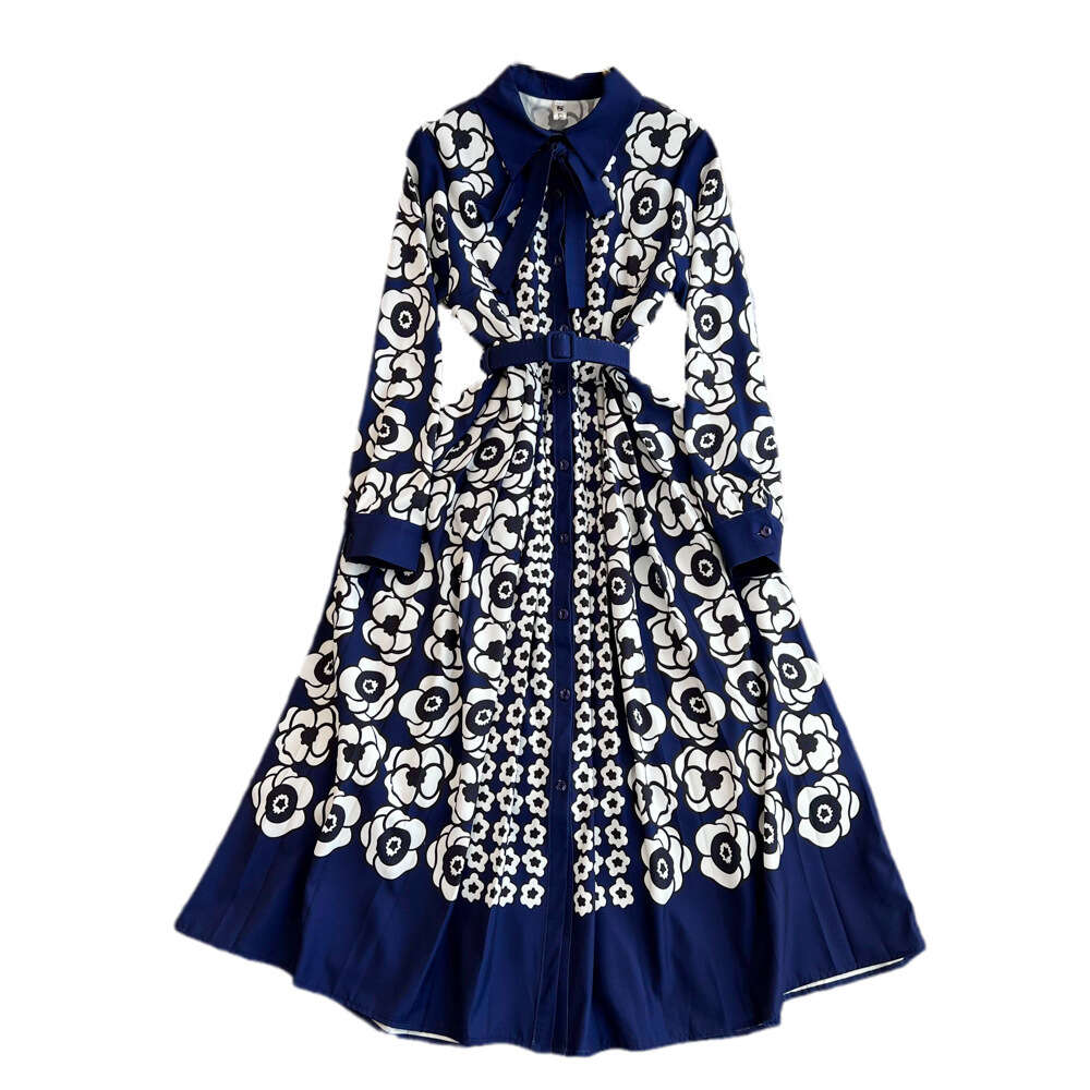 Fashionable luxury and socialite temperament long sleeved lapel waistband slimming effect single breasted A-line positioning printed large hem dress