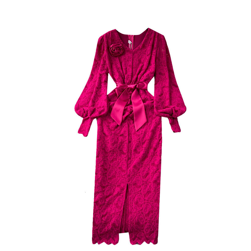 Temperament lace dress female royal sister high-end three-dimensional floral decoration waist closing slim fitting buttocks wrapped French Hepburn lon