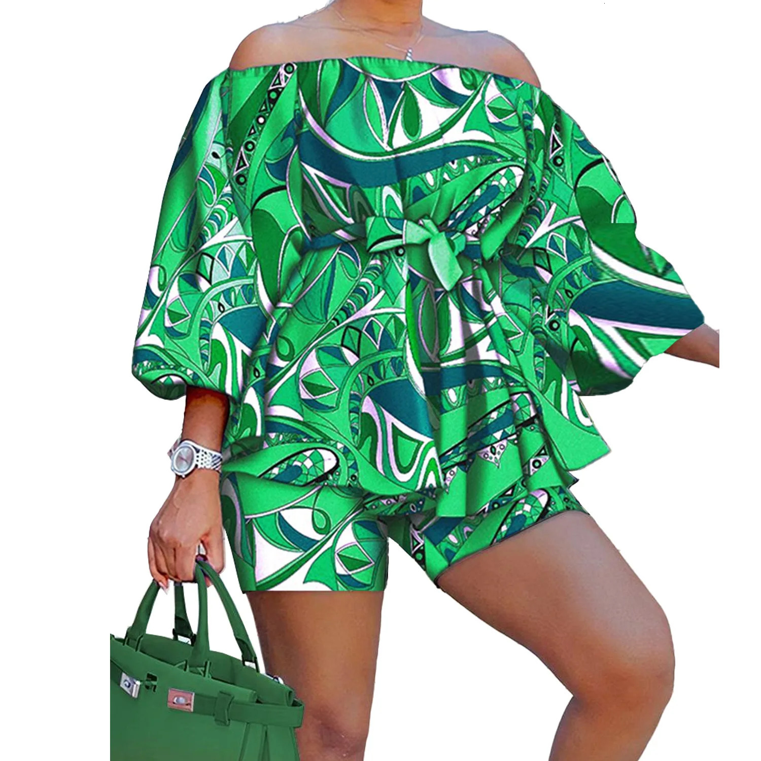 Szkzk Sexy printing two piece set Women off the shoulder lacing belt top and shorts Nightclub Party Costume yellow blue Sets 240530