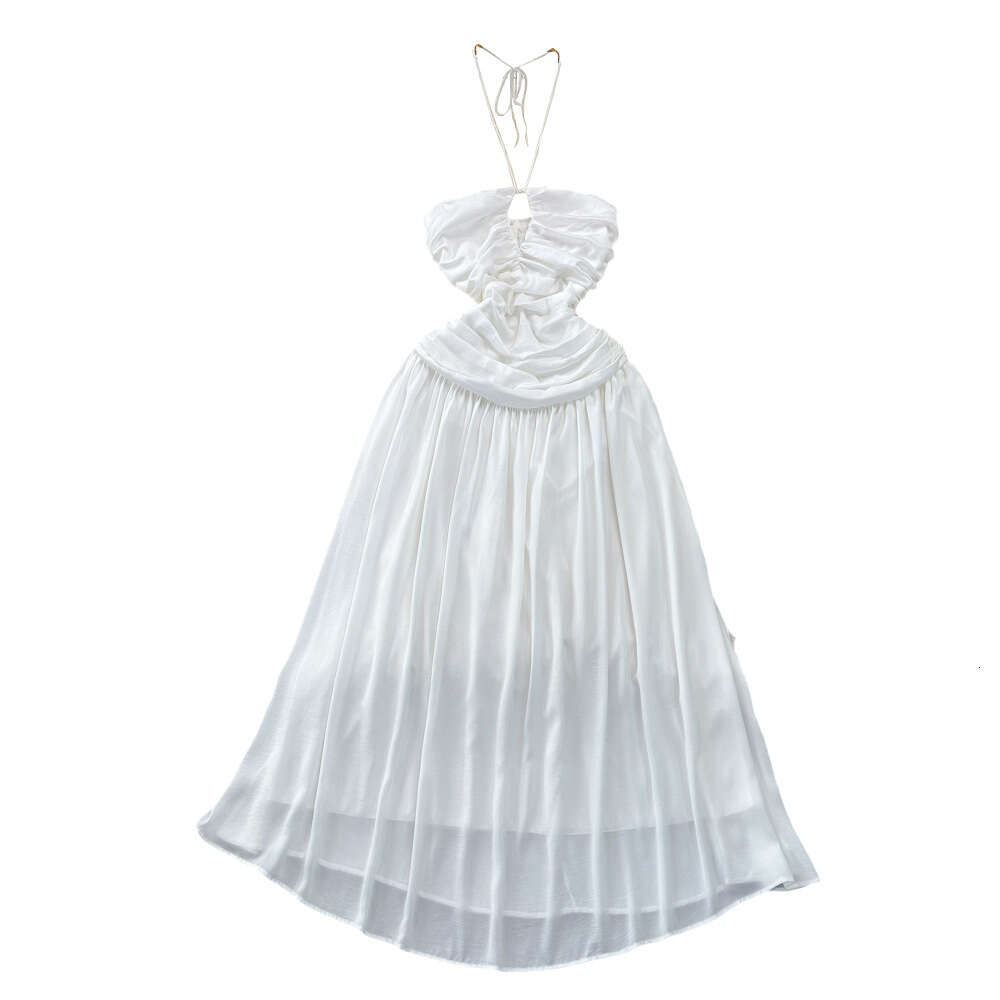 Celebrity temperament strapless neck hanging backless waist closing slimming mid length A-line chiffon dress seaside vacation long dress